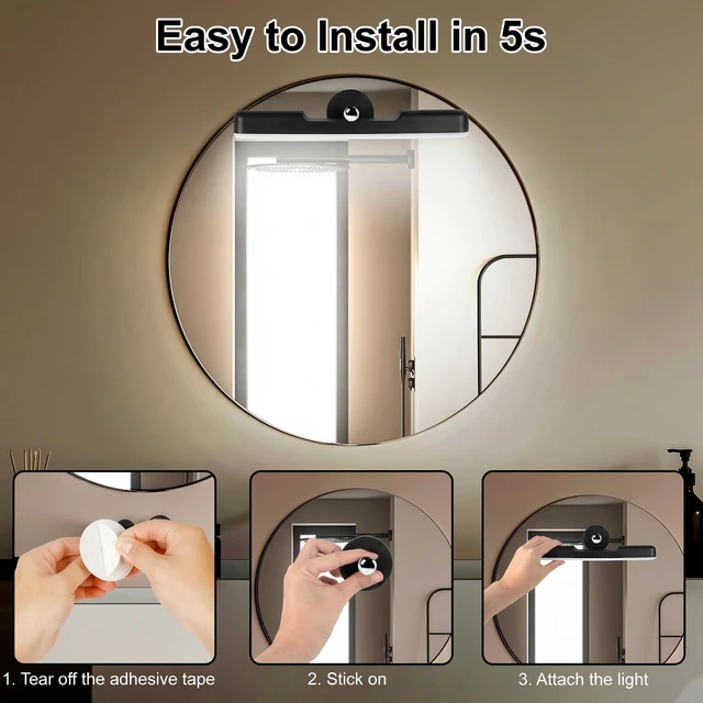 Alt view image 4 of 7 - Wireless Vanity Light for Mirror, Rechargeable LED Bar, Black Adjustable Makeup Lighting with Cordless Stick-On Design for Bathrooms, Dressing Tables and Renter-Friendly Decor