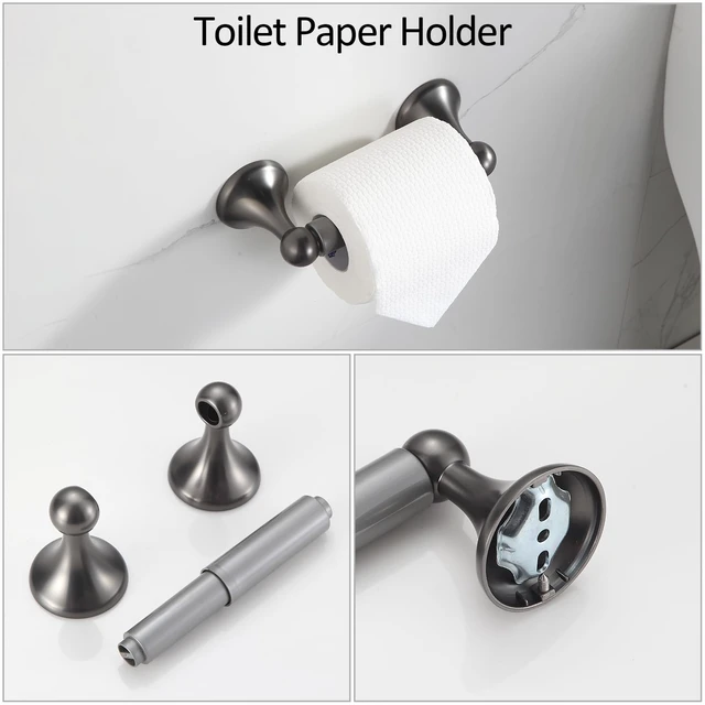 Alt view image 5 of 7 - Bathroom Hardware Set Grey Electroplating 4-Piece Bathroom Accessories Set Wall Mounted Adjustable Towel Bar Robe Hook Toilet Paper Holder Towel Ring Glossy Grey