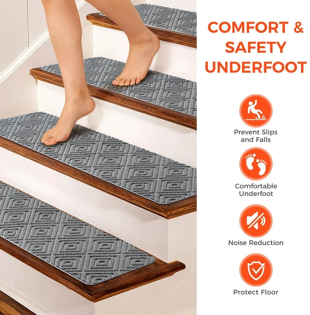 Alt view image 4 of 7 - 15-Pack Non-Slip Stair Treads 8"x30" for Wooden Steps, Light Gray No-Residue Adhesive, 0.28" Thick Cushion, Machine Washable, Safe for Dogs, Kids & Elderly, Peel-and-Stick Easy Installation