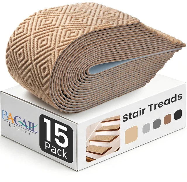 Main image of 15-Pack Non-Slip Stair Treads 8"x30" for Wooden Steps, Beige No-Residue Adhesive, 0.28" Thick Cushion, Machine Washable, Safe for Dogs, Kids & Elderly, Peel-and-Stick Easy Installation