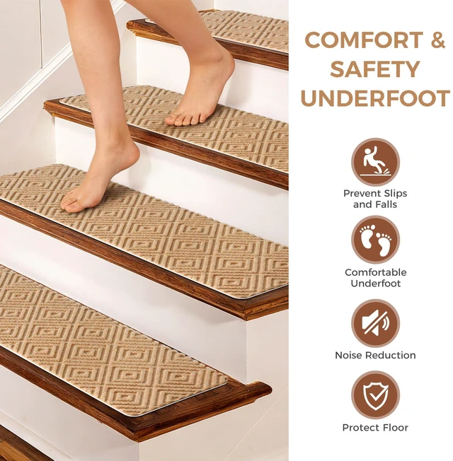 Alt view image 4 of 7 - 15-Pack Non-Slip Stair Treads 8"x30" for Wooden Steps, Beige No-Residue Adhesive, 0.28" Thick Cushion, Machine Washable, Safe for Dogs, Kids & Elderly, Peel-and-Stick Easy Installation