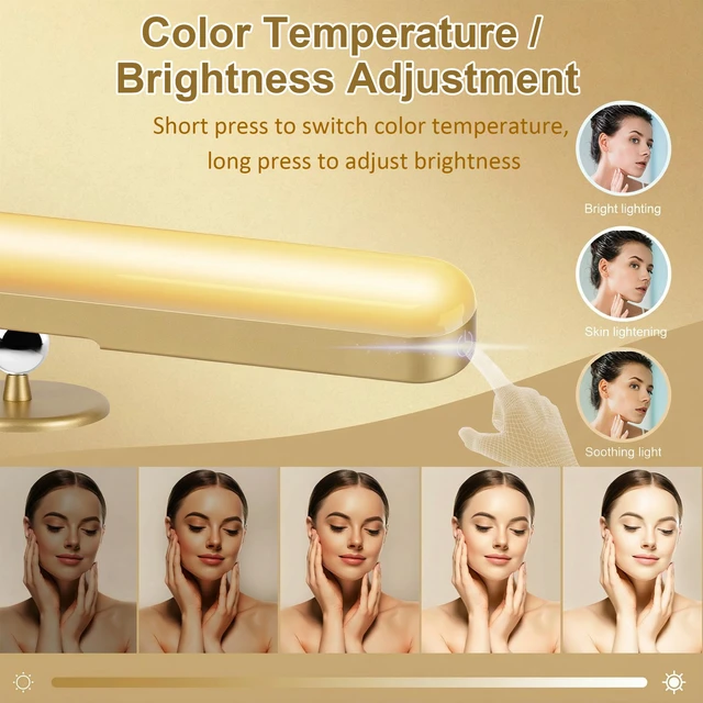 Alt view image 3 of 7 - Wireless Vanity Light for Mirror, Rechargeable LED Bar, Gold Adjustable Color, Brightness and Angle with Magnetic Stick-On Design for Makeup Mirrors and Renter-Friendly Decor
