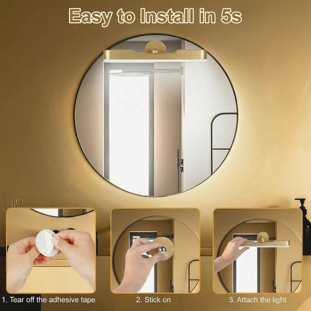 Alt view image 4 of 7 - Wireless Vanity Light for Mirror, Rechargeable LED Bar, Gold Adjustable Color, Brightness and Angle with Magnetic Stick-On Design for Makeup Mirrors and Renter-Friendly Decor