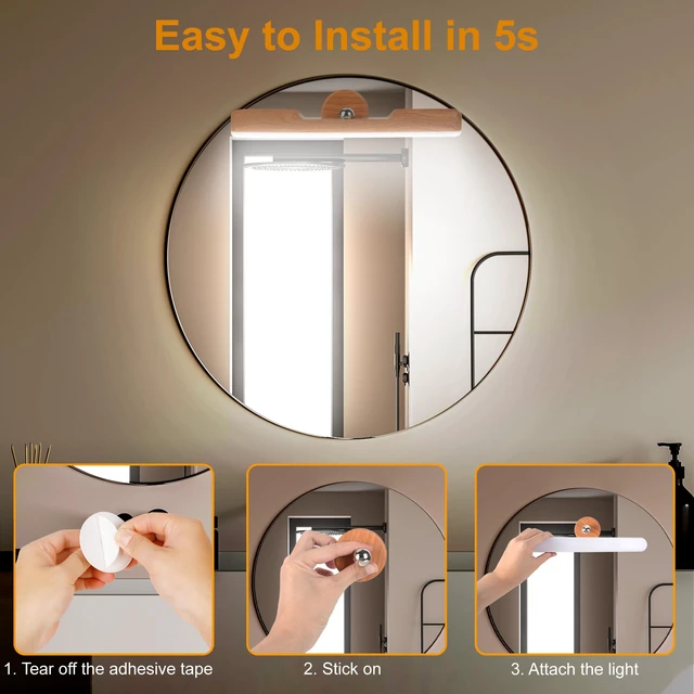 Alt view image 4 of 7 - Rechargeable Vanity Light for Mirror, Light Wood 4000mAh Battery, Touch Dimming, 3 Color Modes and 360° Adjustable Magnetic Design for Makeup Mirrors and Bathrooms
