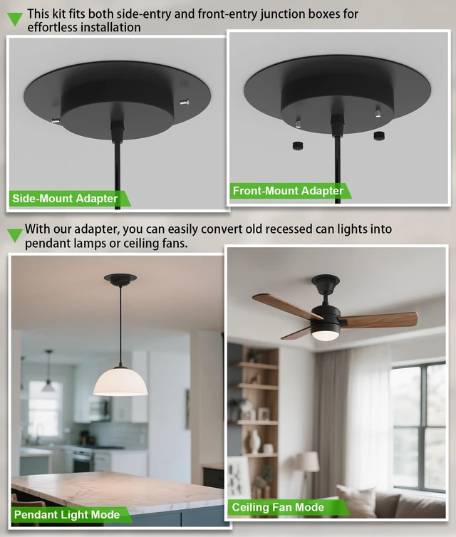 Alt view image 3 of 6 - Recessed Can Light Conversion Kit for 5" and 6" Ceiling Fixtures - Pendant/Hanging Light Upgrade, Compatible with Ceiling Fans, Includes 7¾" Flat Steel Medallion,Black Finish,2 Pack