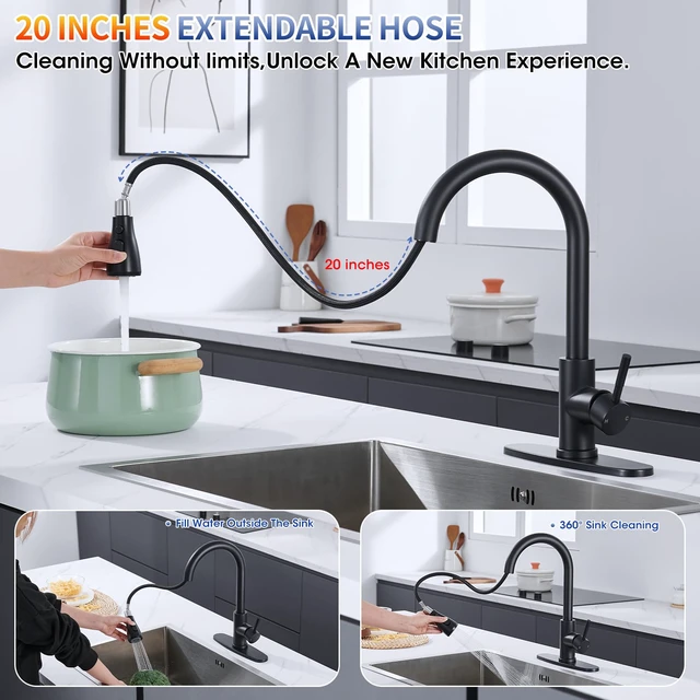 Alt view image 2 of 7 - Kitchen Faucets with Pull Down Sprayer, High Arc, Matte Black Single Handle Stainless Steel Kitchen Sink Faucet, Single hole or 3 Hole, with Spray Head Replacement