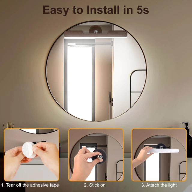 Alt view image 4 of 7 - Rechargeable Vanity Light for Mirror, Dark Wood 4000mAh Battery, Touch Dimming, 3 Color Modes and 360° Adjustable Magnetic Design for Makeup Mirrors and Bathrooms