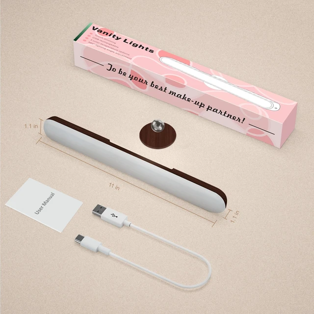 Alt view image 7 of 7 - Rechargeable Vanity Light for Mirror, Dark Wood 4000mAh Battery, Touch Dimming, 3 Color Modes and 360° Adjustable Magnetic Design for Makeup Mirrors and Bathrooms