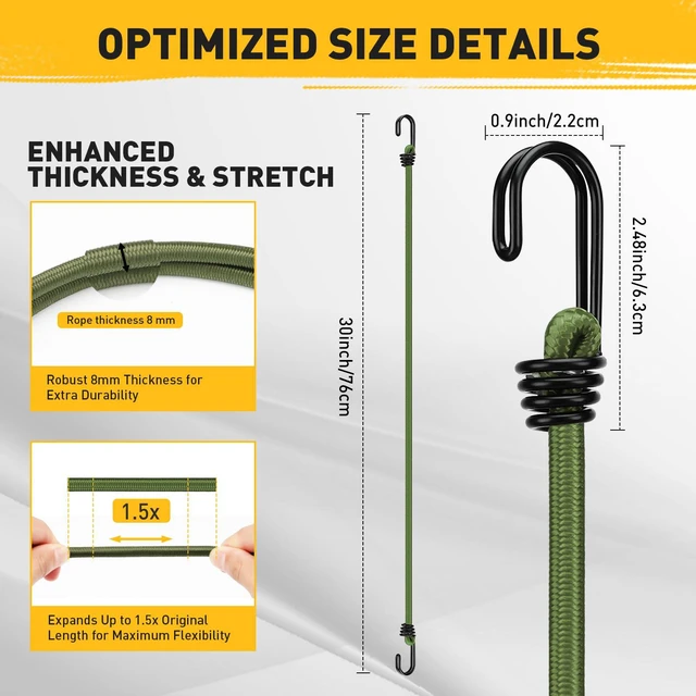 Alt view image 2 of 7 - 30" Green Bungee Cords with Hooks: 10 Pcs Bungee Cords Heavy Duty Outdoor, Bungie Cord Bundle Assortment with Metal Hook, Bungee Straps for Kayaking, Camping, Garage Storage
