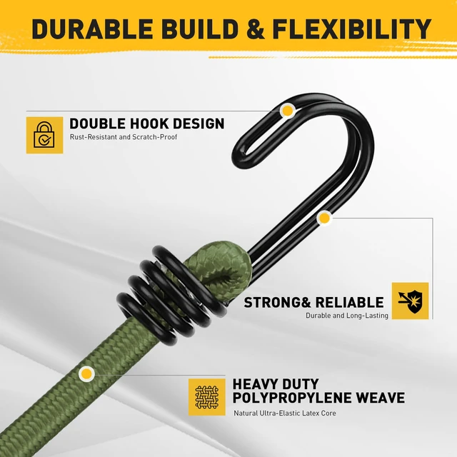 Alt view image 3 of 7 - 30" Green Bungee Cords with Hooks: 10 Pcs Bungee Cords Heavy Duty Outdoor, Bungie Cord Bundle Assortment with Metal Hook, Bungee Straps for Kayaking, Camping, Garage Storage