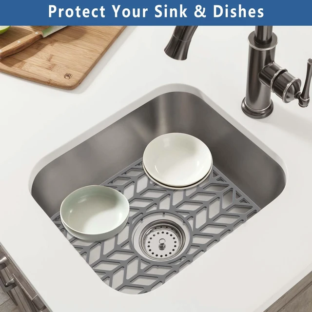 Alt view image 5 of 7 - Silicone Sink Protectors for Kitchen Sink, 12" x 11" Mat for bottom of sink, Center Drain Hole, Protect from Stains, Scratches, Dishwasher Safe Grid for Kitchen (2 Pack, Gray)