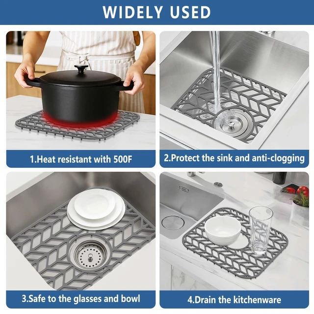 Alt view image 6 of 7 - Silicone Sink Protectors for Kitchen Sink, 12" x 11" Mat for bottom of sink, Center Drain Hole, Protect from Stains, Scratches, Dishwasher Safe Grid for Kitchen (2 Pack, Gray)