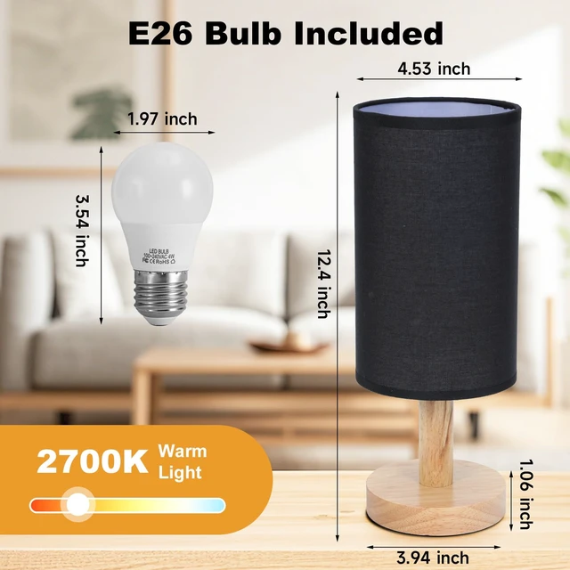 Alt view image 4 of 7 - Black Small Bedside Table Lamp for Bedroom,Natural Round Wood Base&Fabric Linen Shade,Cozy Night Table Light for Study Reading,Minimalist Boho Desk Lamp for Nightstand,Living Room,Nursery,Kitchen,Dorm