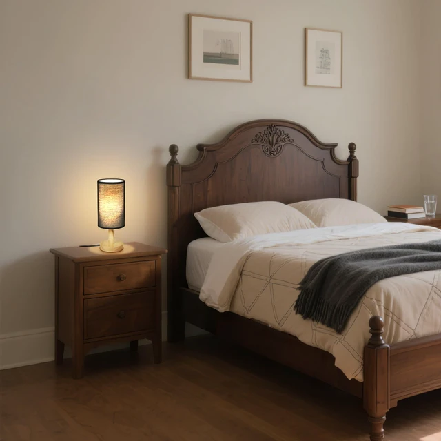 Alt view image 3 of 7 - Black Small Bedside Table Lamp for Bedroom,Natural Round Wood Base&Fabric Linen Shade,Cozy Night Table Light for Study Reading,Minimalist Boho Desk Lamp for Nightstand,Living Room,Nursery,Kitchen,Dorm
