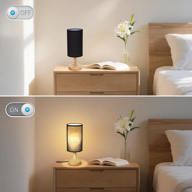 Alt view image 6 of 7 - Black Small Bedside Table Lamp for Bedroom,Natural Round Wood Base&Fabric Linen Shade,Cozy Night Table Light for Study Reading,Minimalist Boho Desk Lamp for Nightstand,Living Room,Nursery,Kitchen,Dorm