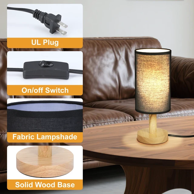 Alt view image 5 of 7 - Black Small Bedside Table Lamp for Bedroom,Natural Round Wood Base&Fabric Linen Shade,Cozy Night Table Light for Study Reading,Minimalist Boho Desk Lamp for Nightstand,Living Room,Nursery,Kitchen,Dorm
