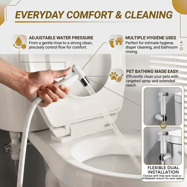 Alt view image 2 of 7 - Handheld Bidet Sprayer for Toilet, Stainless Steel Metal Made Baby Cloth Diaper Spraying Kit, Bathroom Toilet Bidet Attachment Set for Bathing Pets and Feminine Hygiene, Chrome and White