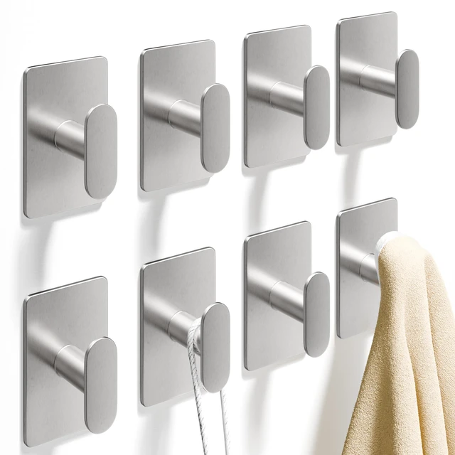 Main image of Adhesive Towel Hooks: 20LB Extra Strong Wall Hanger, Silver 8 Pack