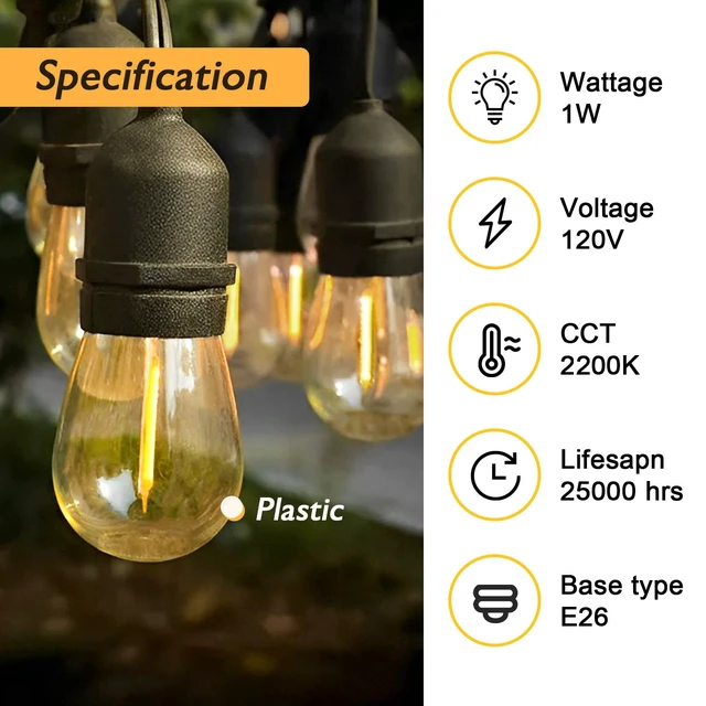 Alt view image 2 of 6 - 48-Pack S14 Outdoor String Light Bulbs for Patio Lights, 2200K, 1W Plastic outdoor indoor S14 string bulbs for decoration, 11W Equivalent, 120V, E26 base warm white edison bulbs waterproof