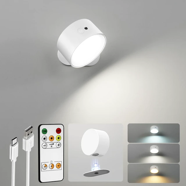 Main image of LED Wall Sconces, Rechargeable Wall Lights, White, 1 Pack Cordless Design, 3 Color Temperatures, Dimmable, Remote & Touch Control, 360° Rotation, Bedroom & Living Room
