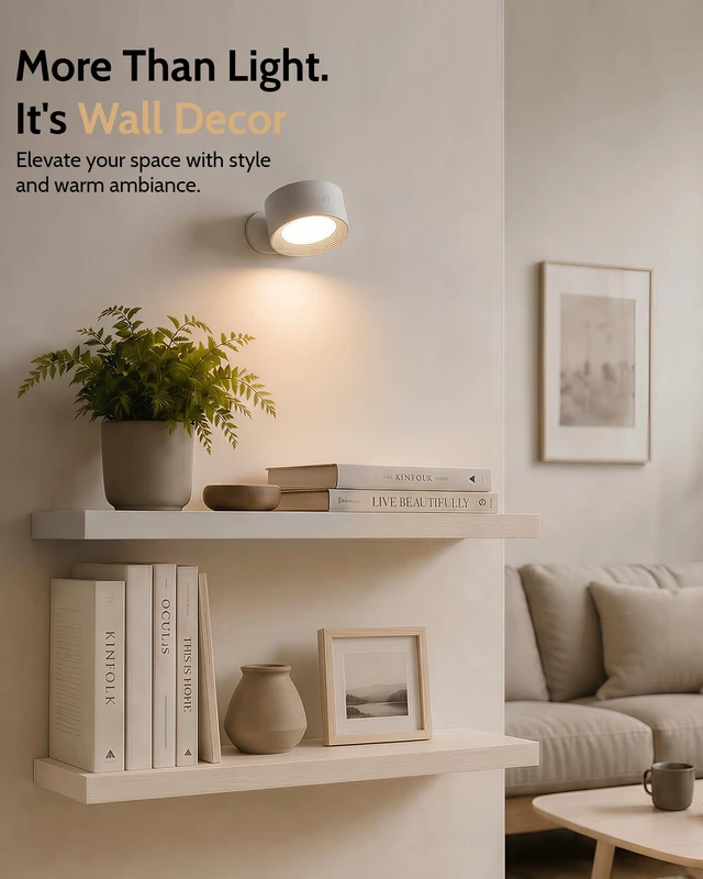 Alt view image 2 of 7 - LED Wall Sconces, Rechargeable Wall Lights, White, 1 Pack Cordless Design, 3 Color Temperatures, Dimmable, Remote & Touch Control, 360° Rotation, Bedroom & Living Room