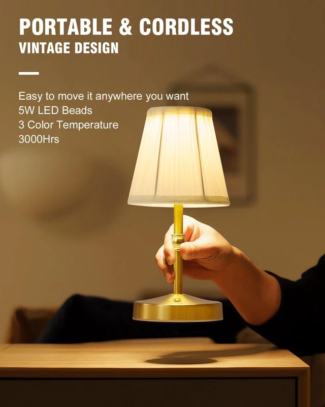 Alt view image 2 of 7 - 5W Mini Cordless Lamp Gold,3000 mah Small Battery Operated Lamp,Vintage Small Table Lamps,3 Level Dimmable Rechargeable Lamps,Decorative Dining Table Light,Mini Lamps for Kitchen,Nightstand,Bedroom