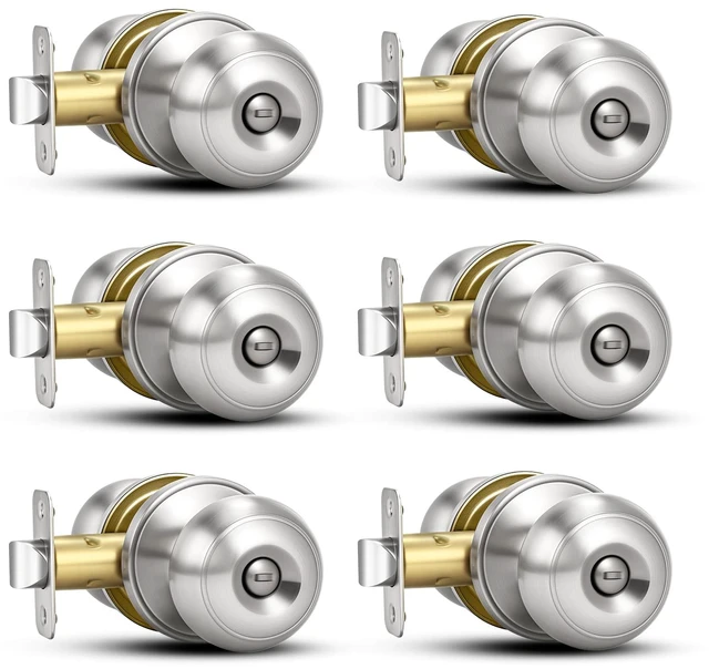 Main image of 6 Pack Brushed Nickel Door Knobs,Privacy Door Knob with Lock, Interior Doorknobs Silver, Keyless Door Locks Set for Bedrooms Bathrooms, Reversible for Left/Right Door Handle