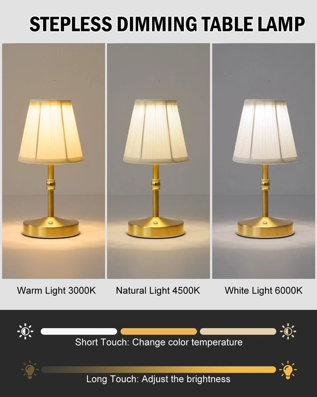 Alt view image 4 of 7 - 5W Mini Cordless Lamp Gold,3000 mah Small Battery Operated Lamp,Vintage Small Table Lamps,3 Level Dimmable Rechargeable Lamps,Decorative Dining Table Light,Mini Lamps for Kitchen,Nightstand,Bedroom