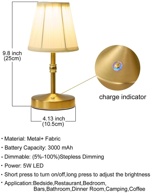 Alt view image 5 of 7 - 5W Mini Cordless Lamp Gold,3000 mah Small Battery Operated Lamp,Vintage Small Table Lamps,3 Level Dimmable Rechargeable Lamps,Decorative Dining Table Light,Mini Lamps for Kitchen,Nightstand,Bedroom