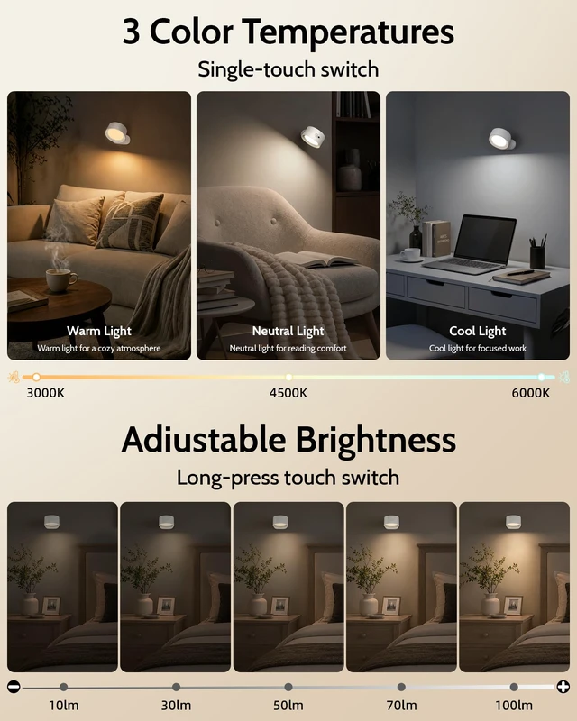 Alt view image 5 of 7 - LED Wall Sconces, Rechargeable Wall Lights, White, 1 Pack Cordless Design, 3 Color Temperatures, Dimmable, Remote & Touch Control, 360° Rotation, Bedroom & Living Room