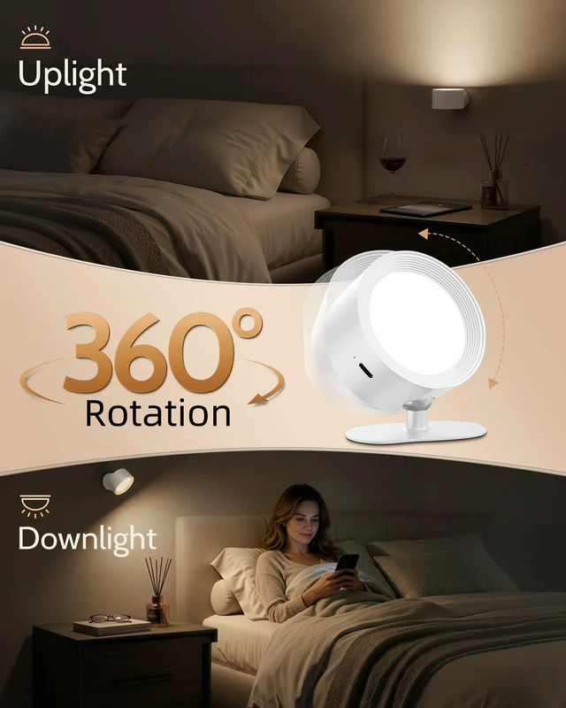 Alt view image 7 of 7 - LED Wall Sconces, Rechargeable Wall Lights, White, 1 Pack Cordless Design, 3 Color Temperatures, Dimmable, Remote & Touch Control, 360° Rotation, Bedroom & Living Room