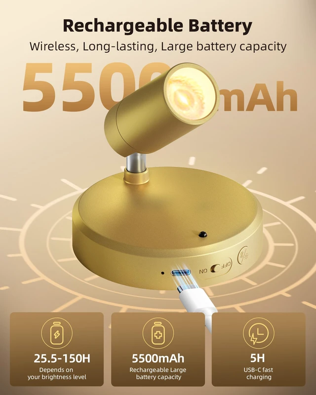 Alt view image 2 of 7 - LED Spotlight Indoor, 5500mAh Rechargeable Battery-Powered Picture Lights, Wireless Mini Art Accent Spotlights with Remote, Uplighting for Plants, Display, Artwork (1-Pack-Gold)