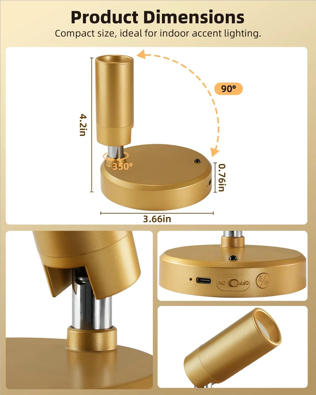 Alt view image 5 of 7 - LED Spotlight Indoor, 5500mAh Rechargeable Battery-Powered Picture Lights, Wireless Mini Art Accent Spotlights with Remote, Uplighting for Plants, Display, Artwork (1-Pack-Gold)