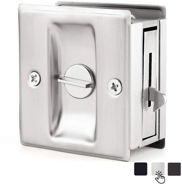 Main image of Privacy Pocket Door Lock Hardware with Pull - Replace Old Or Damaged Sliding Door Locks Quickly and Easily, 2-3/4x2-1/2, for 1-3/8 Thickness Door, Brushed Nickel