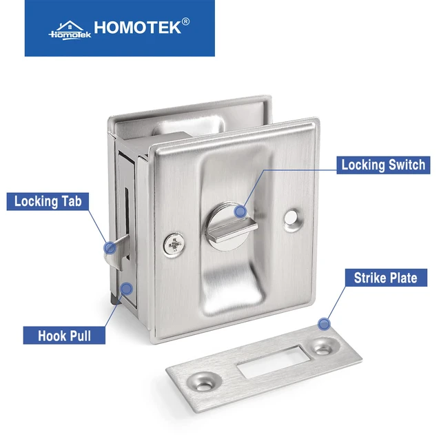 Alt view image 4 of 7 - Privacy Pocket Door Lock Hardware with Pull - Replace Old Or Damaged Sliding Door Locks Quickly and Easily, 2-3/4x2-1/2, for 1-3/8 Thickness Door, Brushed Nickel