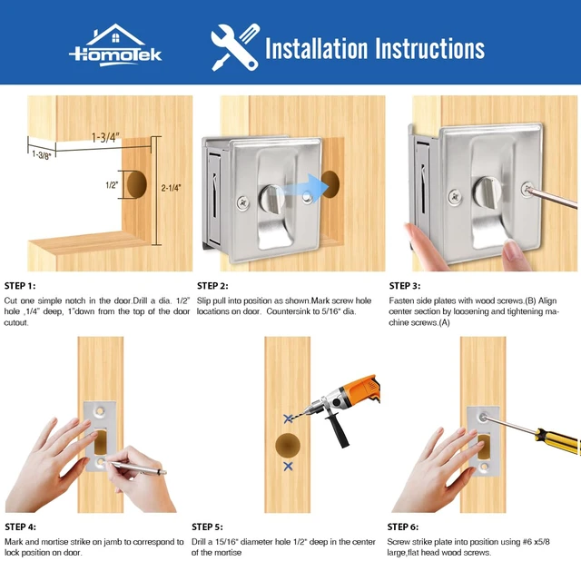 Alt view image 5 of 7 - Privacy Pocket Door Lock Hardware with Pull - Replace Old Or Damaged Sliding Door Locks Quickly and Easily, 2-3/4x2-1/2, for 1-3/8 Thickness Door, Brushed Nickel