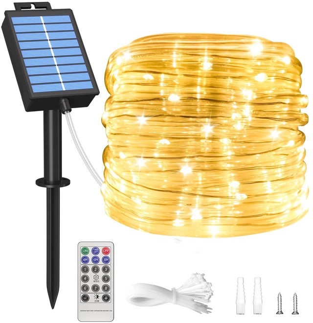 Main image of Solar Rope Lights Outdoor, 39FT 100 LED (Warm White, 39FT) With Remote, Waterproof, 8 Modes, for Outdoor Patio Porch Tree Wedding Christmas Pool Garden Decorative