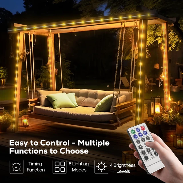 Alt view image 3 of 7 - Solar Rope Lights Outdoor, 39FT 100 LED (Warm White, 39FT) With Remote, Waterproof, 8 Modes, for Outdoor Patio Porch Tree Wedding Christmas Pool Garden Decorative