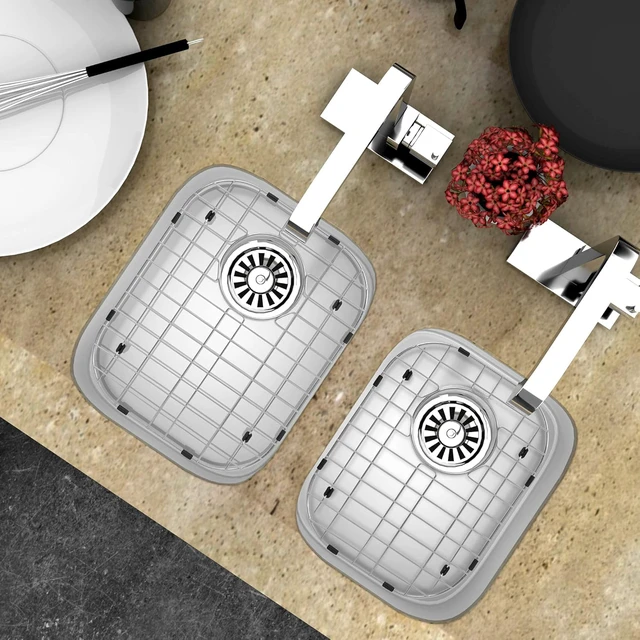 Alt view image 5 of 7 - Sink Protectors for Kitchen Sink, Sink Grids 13" x 16" Big Kitchen Sink Grate, 11 1/4 x 14 1/2 Small Kitchen Sink Grid with Rear Drain for Single Sink Bowl, Sink Bottom Grid, 2 Pack