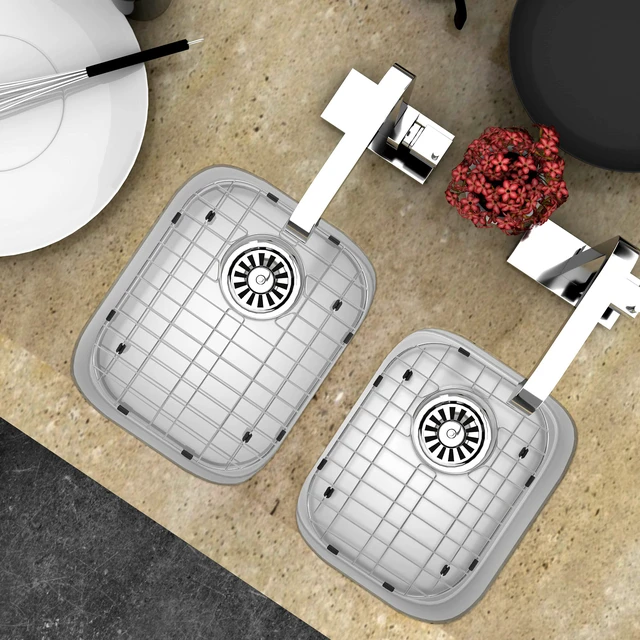 Alt view image 7 of 7 - Sink Protectors for Kitchen Sink, Sink Grids 13" x 16" Big Kitchen Sink Grate, 11 1/4 x 14 1/2 Small Kitchen Sink Grid with Rear Drain for Single Sink Bowl, Sink Bottom Grid, 2 Pack