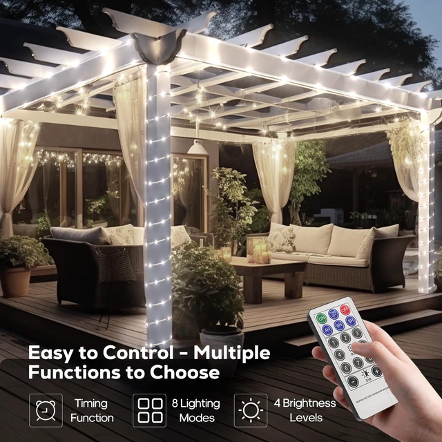Alt view image 3 of 7 - Solar Rope Lights Outdoor, 39FT 100 LED (Cool White, 39FT) With Remote, Waterproof, 8 Modes, for Outdoor Patio Porch Tree Wedding Christmas Pool Garden Decorative