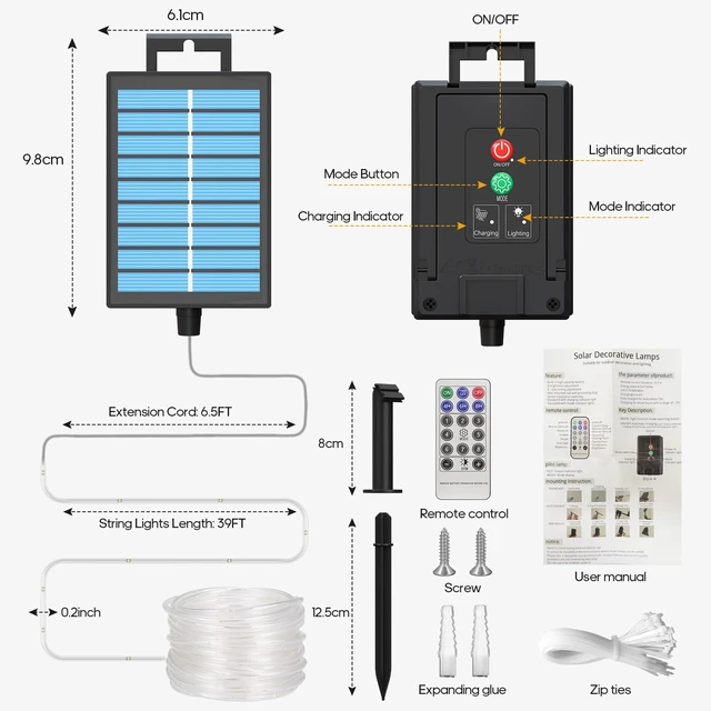 Alt view image 7 of 7 - Solar Rope Lights Outdoor, 39FT 100 LED (Cool White, 39FT) With Remote, Waterproof, 8 Modes, for Outdoor Patio Porch Tree Wedding Christmas Pool Garden Decorative