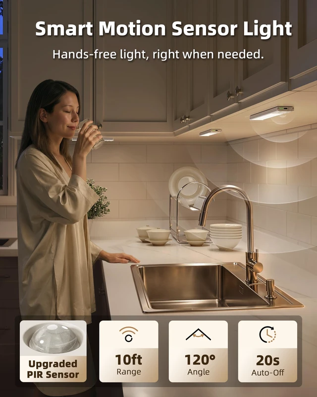 Alt view image 3 of 7 - Under Cabinet Lighting Wireless, 6Pack Rechargeable Counter Lights, 1800mAh LED Motion Sensor Light Indoor, Dimmable & 3 Color Temps with Power Display, for Kitchen, Stairs, Bookshelf, Closet