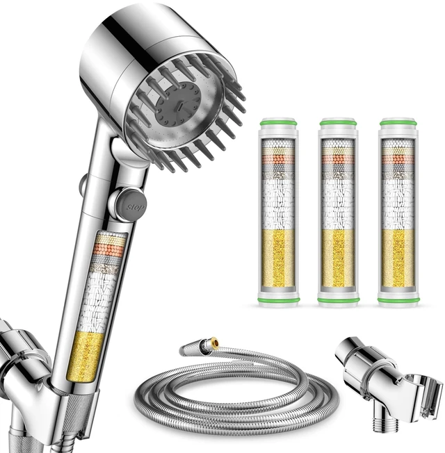 Main image of Filtered Shower Head with Handheld 3PCS Filters ShowerHead 4 Spray, High Pressure Shower Heads with ON/OFF Button, Water Softener for Hard Water, 70" Hose, Remove Chlorine