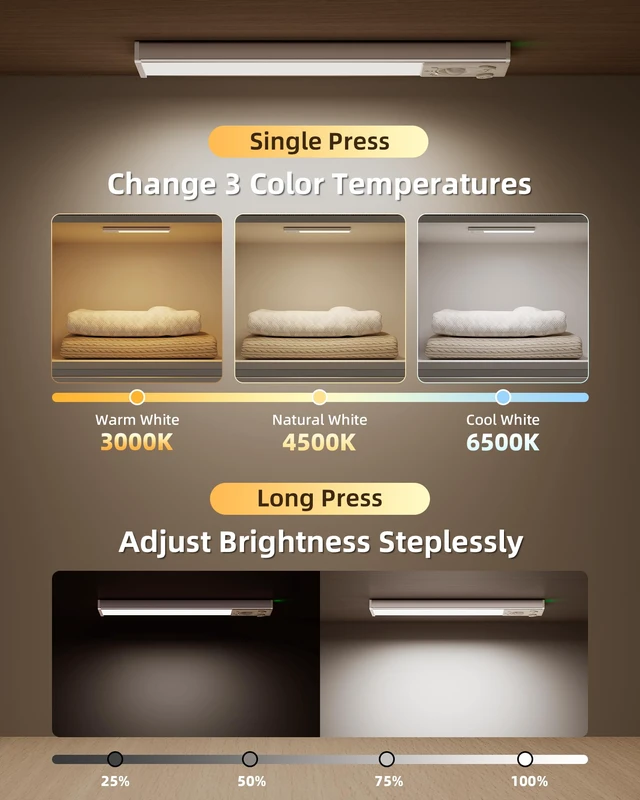 Alt view image 6 of 7 - Under Cabinet Lighting Wireless, 6Pack Rechargeable Counter Lights, 1800mAh LED Motion Sensor Light Indoor, Dimmable & 3 Color Temps with Power Display, for Kitchen, Stairs, Bookshelf, Closet