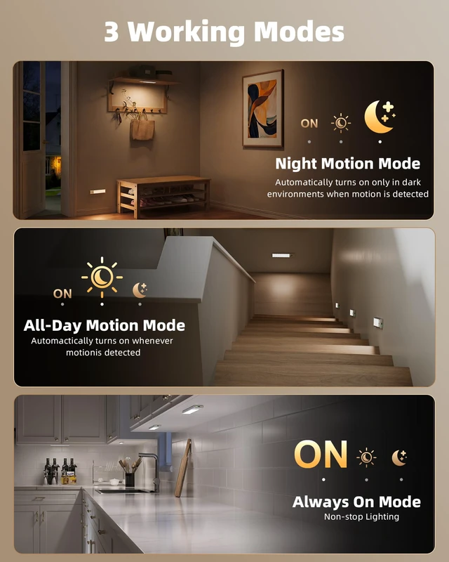 Alt view image 7 of 7 - Under Cabinet Lighting Wireless, 6Pack Rechargeable Counter Lights, 1800mAh LED Motion Sensor Light Indoor, Dimmable & 3 Color Temps with Power Display, for Kitchen, Stairs, Bookshelf, Closet