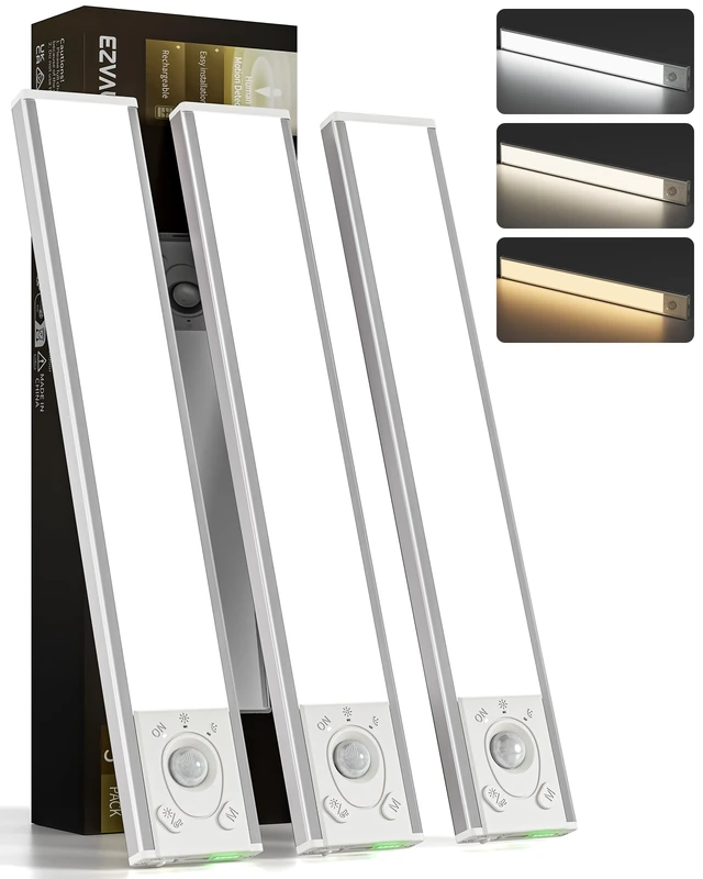 Main image of 16.5'' Under Cabinet Lighting Wireless, 3Pack Rechargeable Closet Lights, LED Motion Sensor Indoor, Dimmable & 3 Color Temps Battery Operated with Power Display, for Kitchen, Stairs, Bookshelf