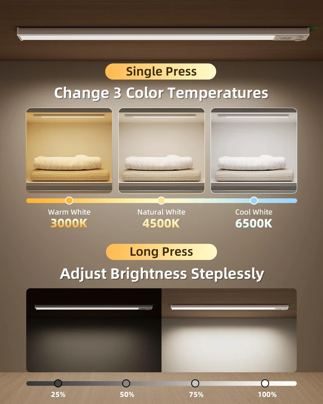 Alt view image 4 of 7 - 16.5'' Under Cabinet Lighting Wireless, 3Pack Rechargeable Closet Lights, LED Motion Sensor Indoor, Dimmable & 3 Color Temps Battery Operated with Power Display, for Kitchen, Stairs, Bookshelf
