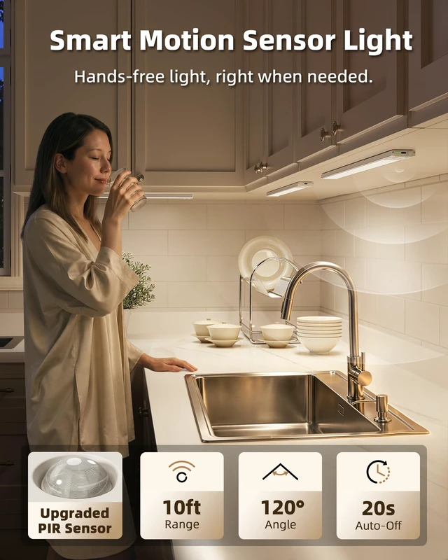 Alt view image 3 of 7 - 16.5'' Under Cabinet Lighting Wireless, 3Pack Rechargeable Closet Lights, LED Motion Sensor Indoor, Dimmable & 3 Color Temps Battery Operated with Power Display, for Kitchen, Stairs, Bookshelf