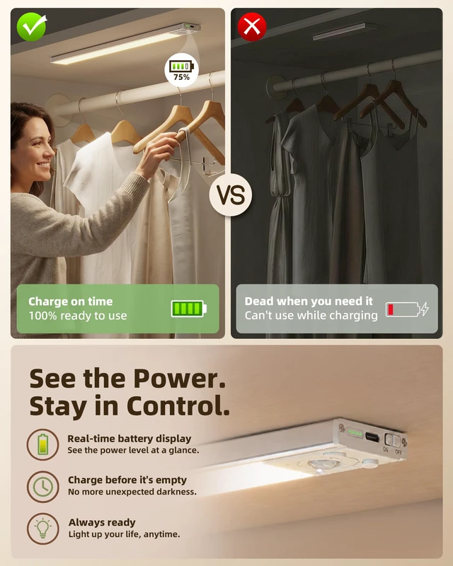 Alt view image 6 of 7 - 16.5'' Under Cabinet Lighting Wireless, 3Pack Rechargeable Closet Lights, LED Motion Sensor Indoor, Dimmable & 3 Color Temps Battery Operated with Power Display, for Kitchen, Stairs, Bookshelf